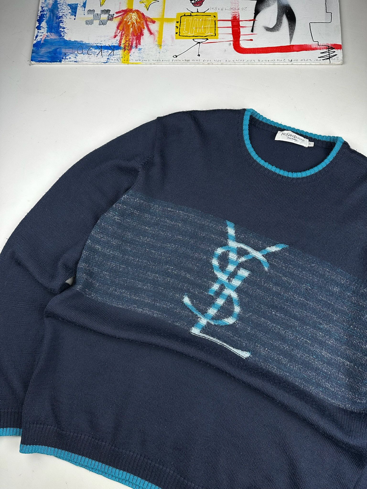 Vintage Navy/Blue YSL Sweater Big Logo YSL Sweatshirt Size US L / EU 52-54 / 3 - 3 Thumbnail
