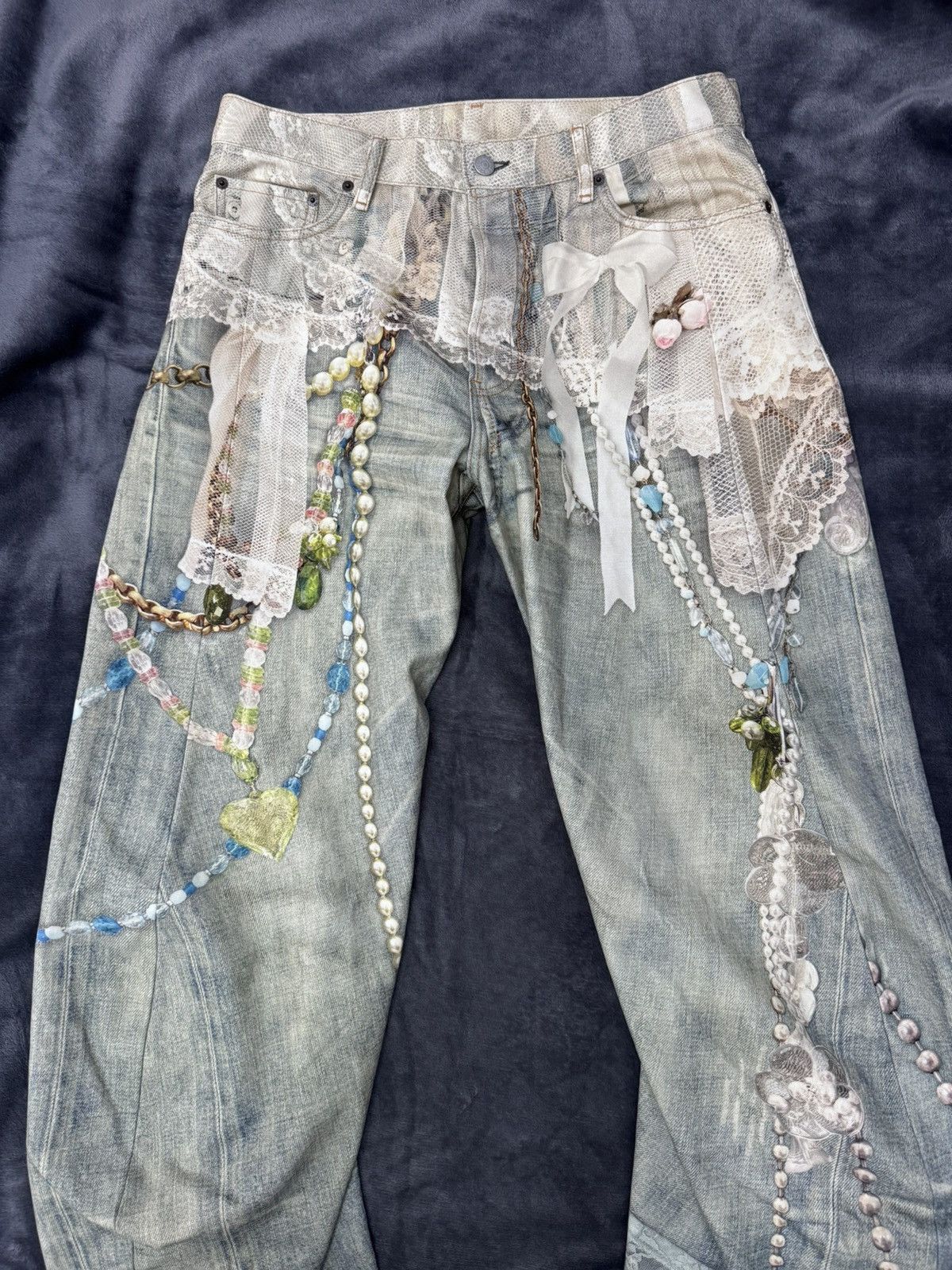 Acne Studios Acne Studios 2006M Printed Barrel-leg Jeans White/Green Size US 32 / EU 48 - 3 Thumbnail
