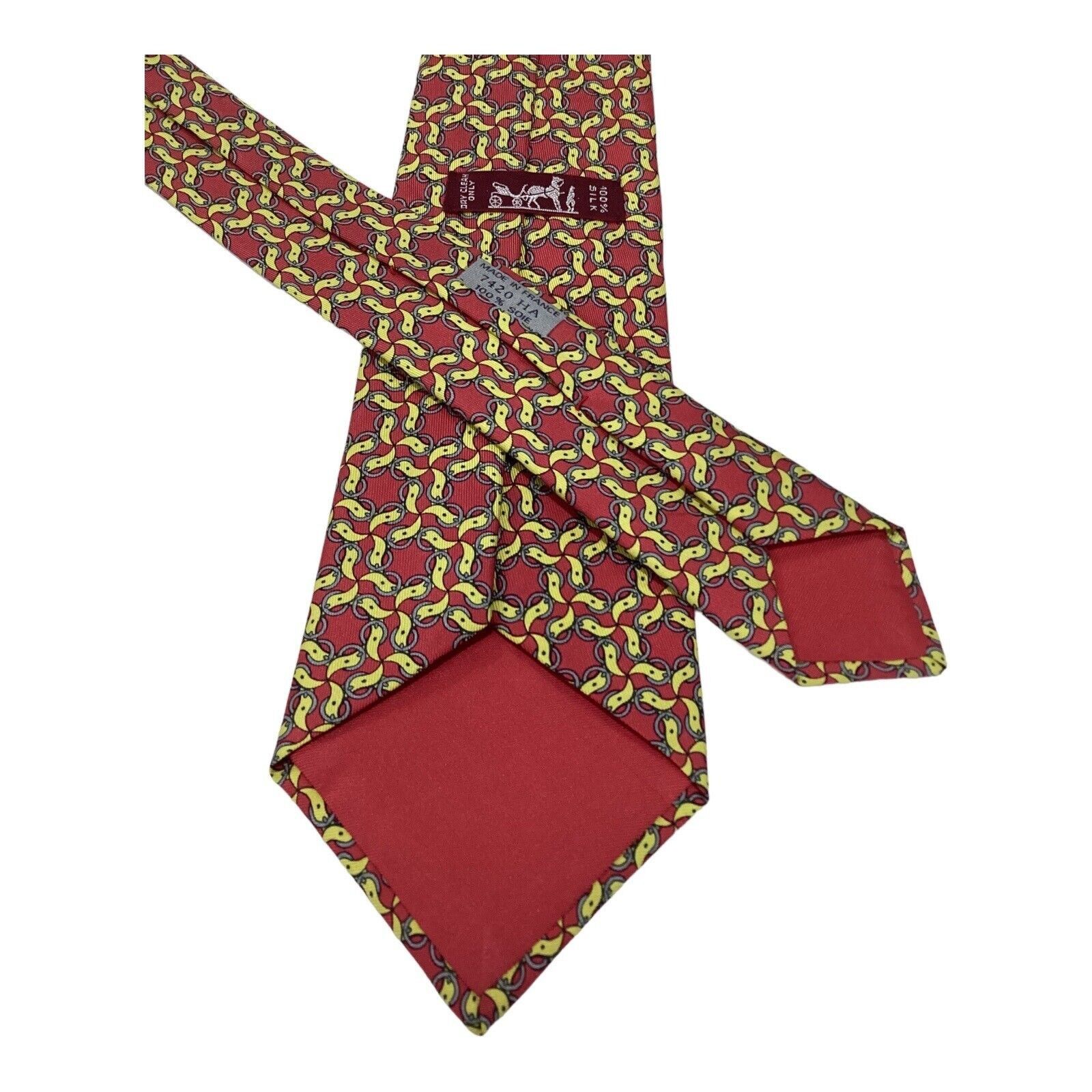 Hermes HERMES PARIS Vintage 7420 HA Red Yellow Belt Print Silk Tie Size ONE SIZE - 4 Thumbnail