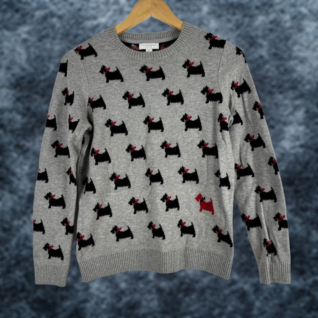 Charter Club Charter Club Petite Sweater Scottie Dog Print Gray Cotton Blend PS Women Size S / US 4 / IT 40 - 1 Thumbnail