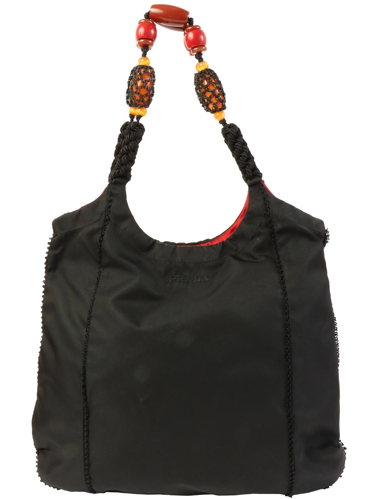 image of Prada Nylon Logo Embroidered Beads Top Handle Bag Black, Women's