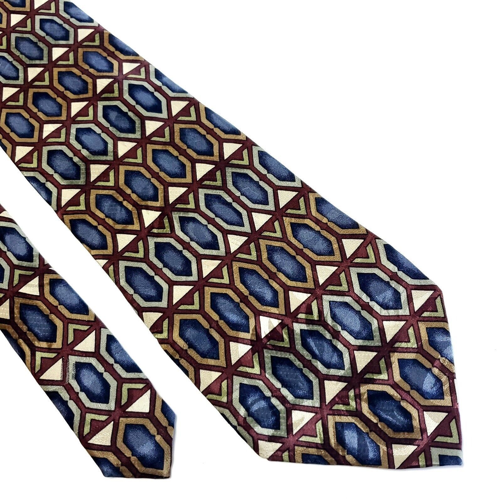 Vintage Z. Inc Blue Tan Jacquard Geometric Print Wide Silk Tie Size ONE SIZE - 1 Thumbnail