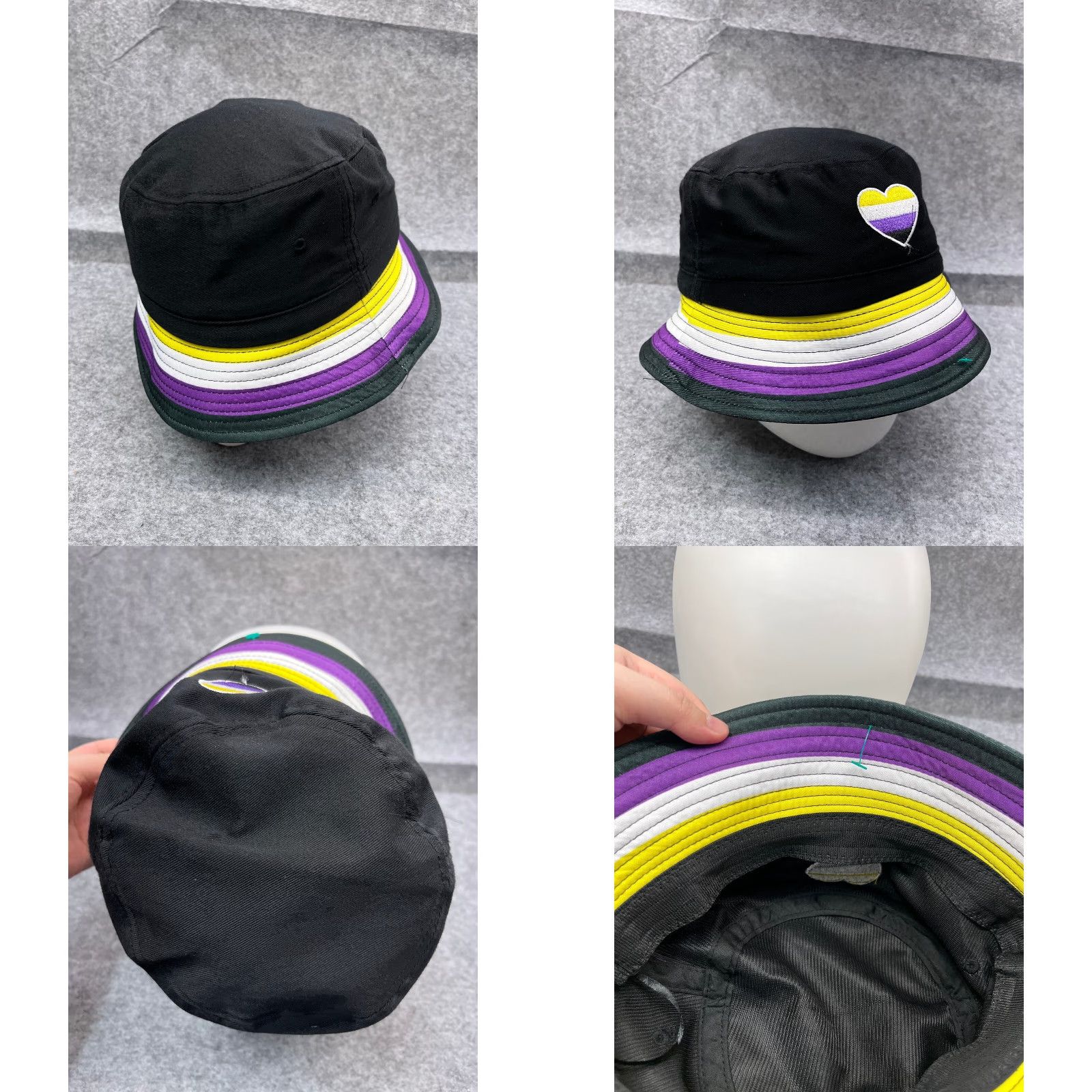 Vintage Heart Bucket Hat Women One Size Black Purple Yellow Stripe Polyester Camp Hike Size ONE SIZE - 8 Thumbnail