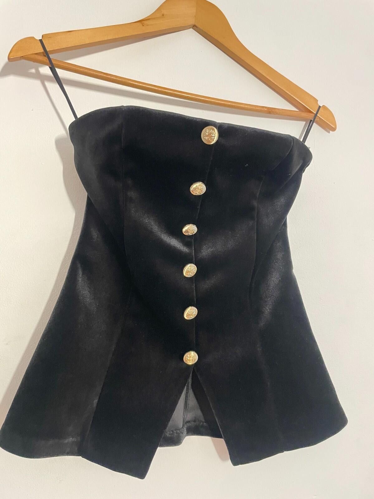 Zara Zara Black Velvet Gold Button Strapless Corset Top S Size S / US 4 / IT 40 - 1 Thumbnail