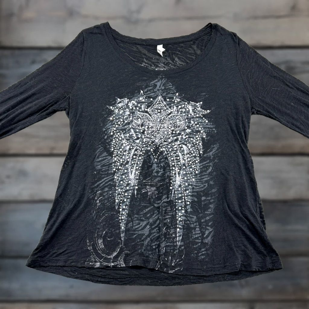 Vintage VINTAGE not applicable; restructure: Yu Jin Wings Shirt Women 3XL Black Long Sleeve Rhinestone Burnout See Thru Shirt Size XXL / US 16-18 / IT 52-54 - 1 Thumbnail