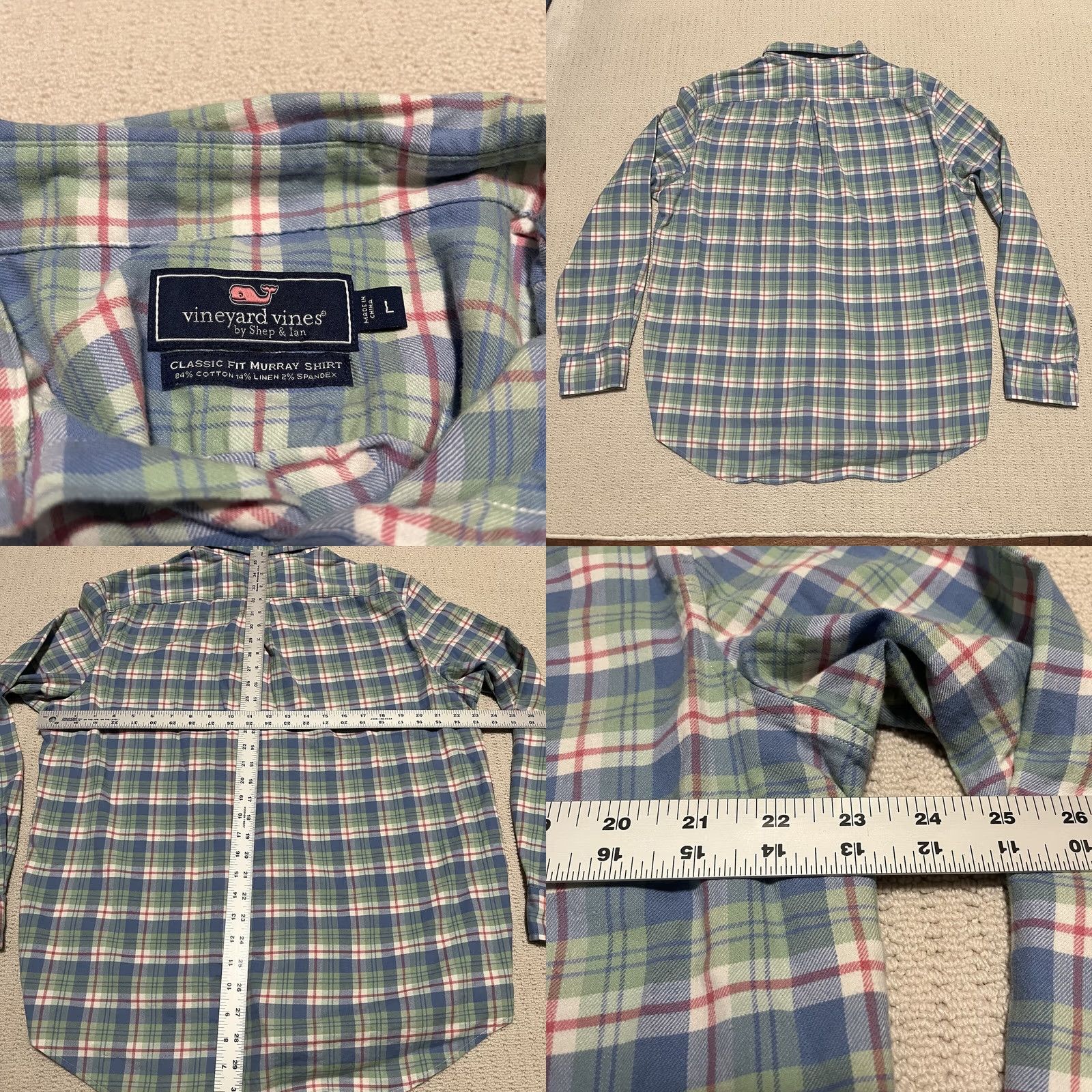 Vineyard Vines VINEYARD VINES Murray Shirt Button-Up Plaid Long Sleeve Blue Green Pink L Mens Regular Lightweight Cotton Knit Size US L / EU 52-54 / 3 - 8 Thumbnail