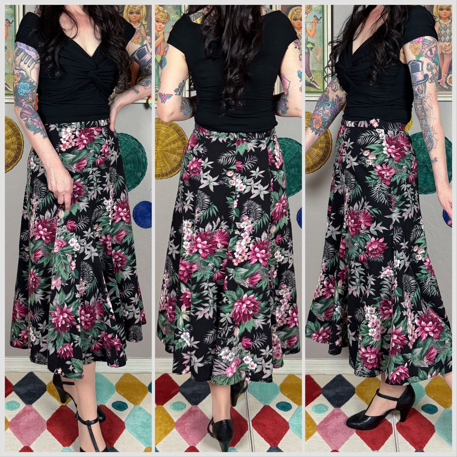 Vintage Vintage 1980s Black Garden Floral Trumpet Midi Skirt Size 30" / US 8 / IT 44 - 2 Thumbnail
