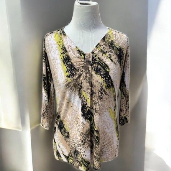 Designer Dana Buchman Womens Quarter Sleeve Beige Vneck Snake Print T Size M / US 6-8 / IT 42-44 - 9 Thumbnail