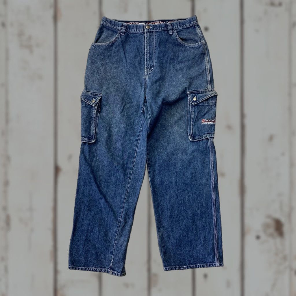 Vintage VINTAGE Wu Wear Jeans Baggy Wide Leg Carpenter Mens 36x32 36x31 Blue Denim GUC Size US 33 - 1 Thumbnail