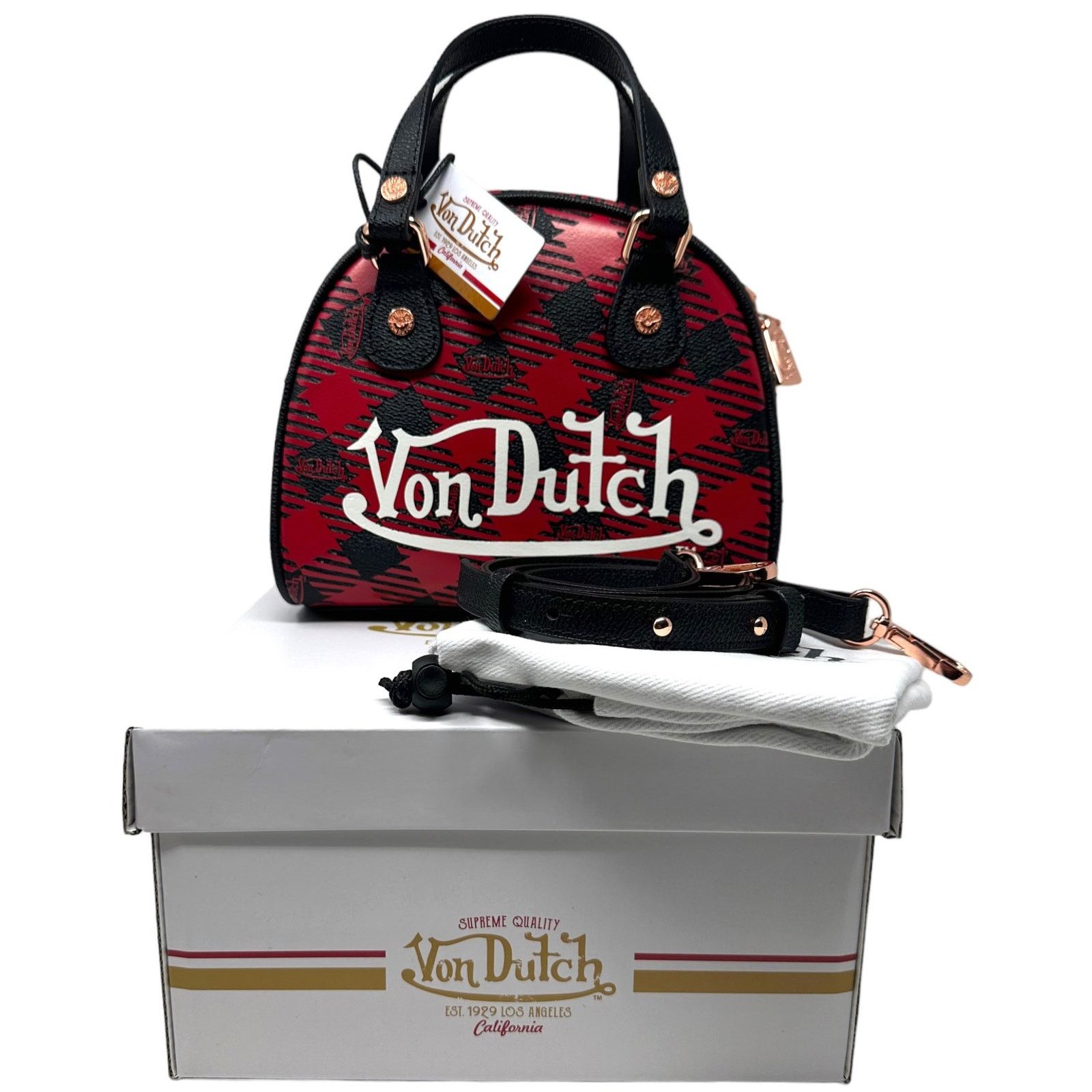 Von Dutch Red Black Plaid Small Bowling Crossbody Hand Bag