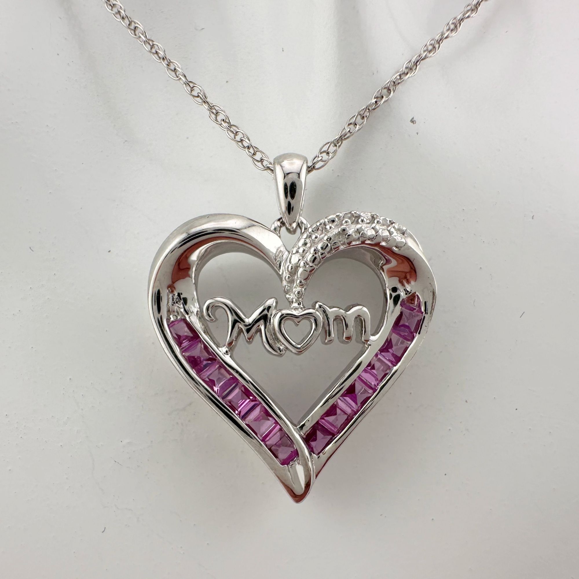 Other Pink Sapphire 'MOM' Heart Necklace with Diamond Accent Size ONE SIZE - 7 Thumbnail