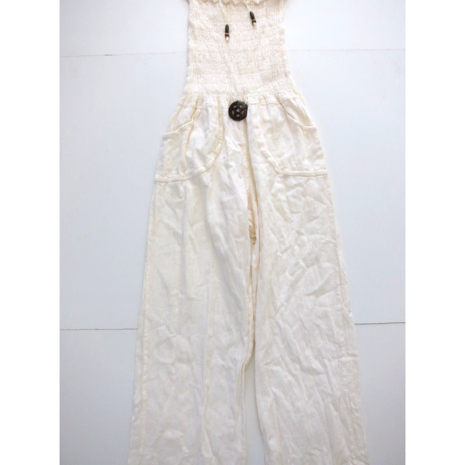 Vintage Matices Textil Peru 100% Cotton Ivory Off Shoulder Pocket Jumpsuit M Women Medium Size 32" / US 10 / IT 46 - 7 Thumbnail