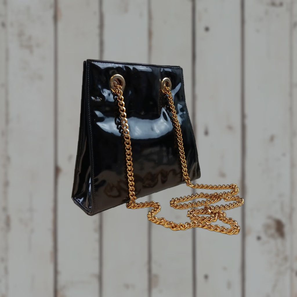 Neiman Marcus VINTAGE Neiman Marcus Purse Crossbody Bag Black Patent Leather Chain Strap EUC Size ONE SIZE - 1 Thumbnail
