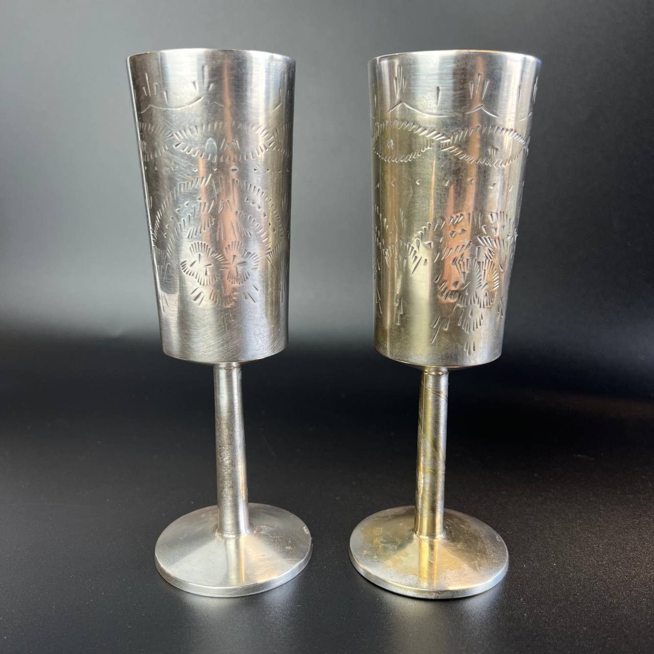 Pair Elegant Vintage Brass Silver Plated Wine Cups Marked