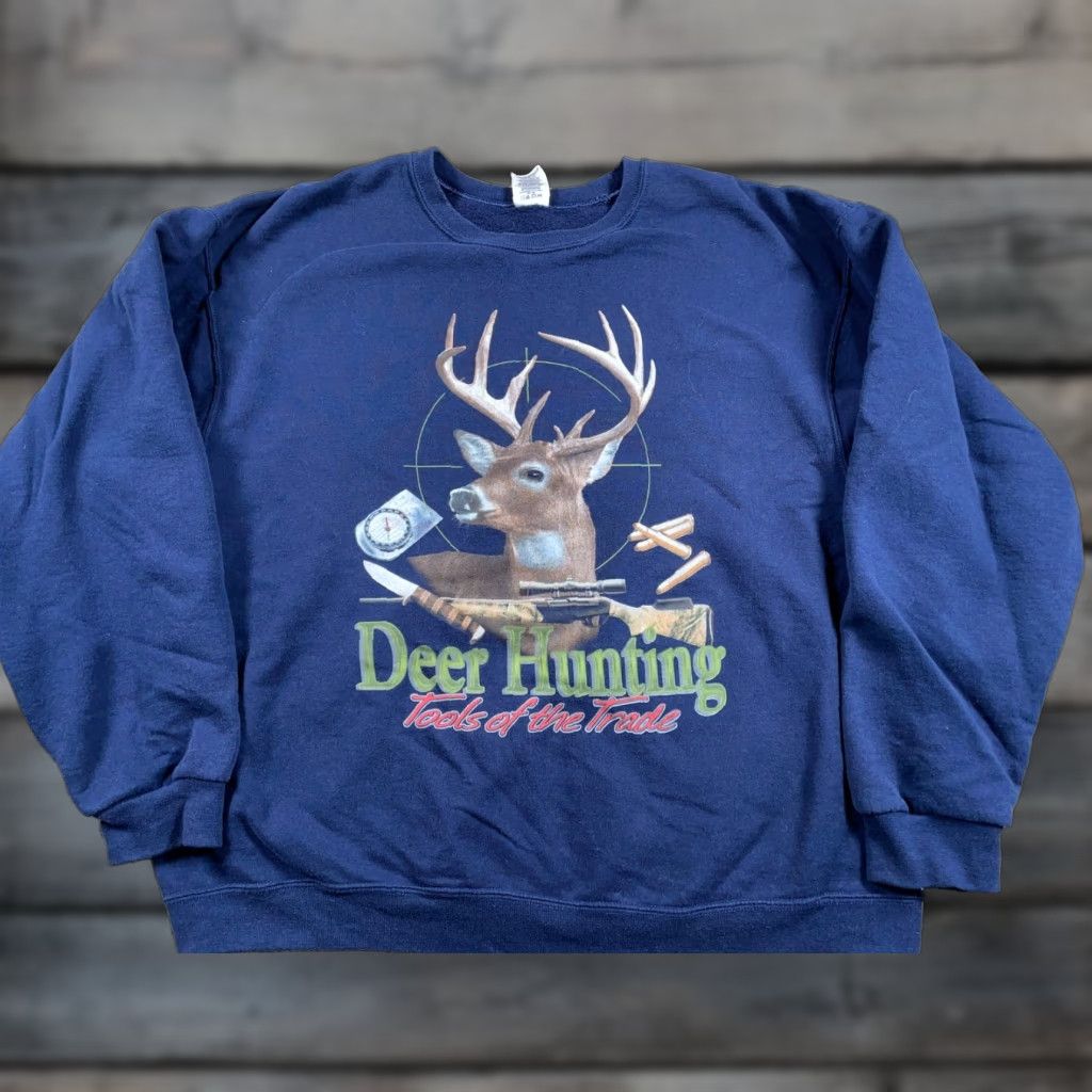 Jerzees JERZEES Sweatshirt Deer Hunting Graphic Print Adult XL Dark Blue 50/50 Cotton Polyester 90s Outdoors Mens Size US XL / EU 56 / 4 - 1 Thumbnail