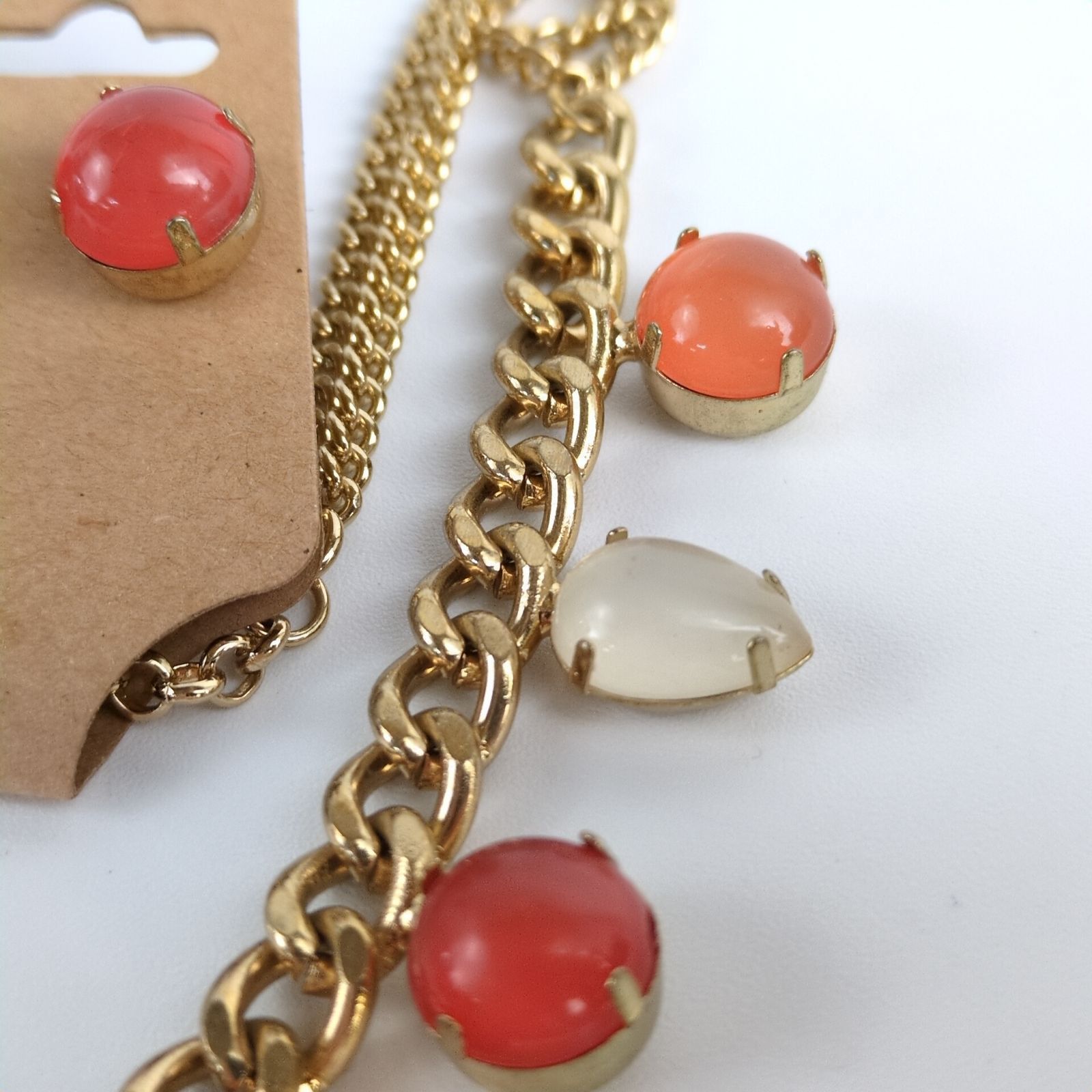 Vintage Peach & White Moonstone Goldtone Chain Necklace Earring Set Size ONE SIZE - 4 Thumbnail