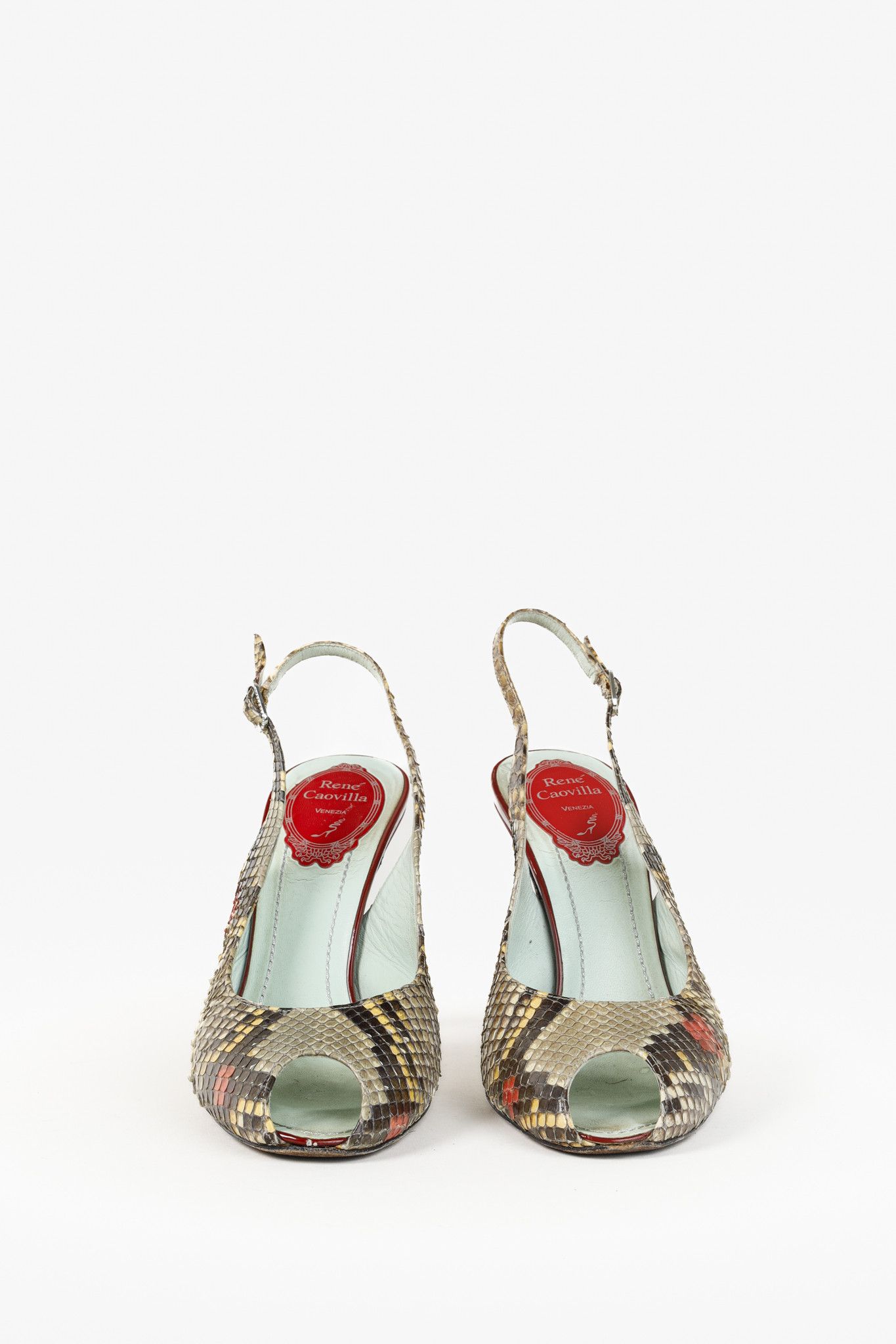 Rene Caovilla Snakeskin Peep-Toe Slingback Heels