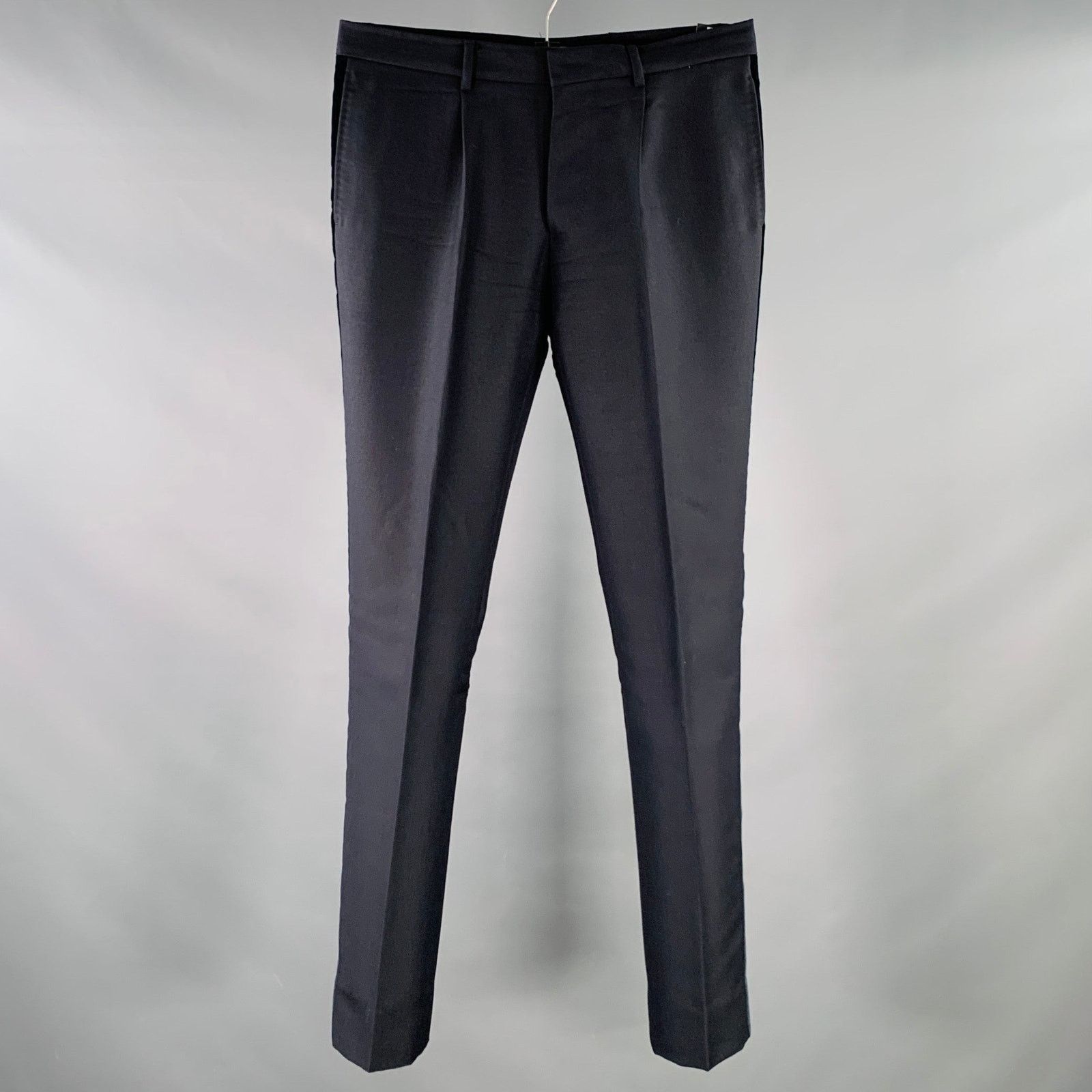 Valentino Navy Wool Mohair Velvet Stripe Pleated Button Fly Pants Size US 32 / EU 48 - 1 Thumbnail