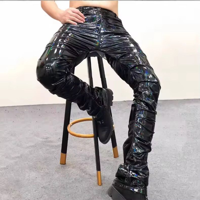 Leather Cool Black Holographic Shiny Reflective Stretchy pu Leather Size US 35 - 12 Thumbnail