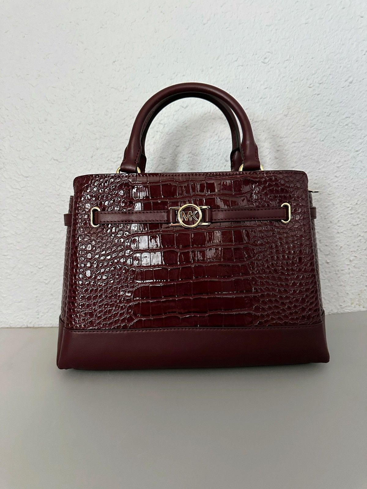 Michael Kors Reed Large Croc-Embossed Leather Belted Satchel Oxblood Size ONE SIZE - 18 Thumbnail