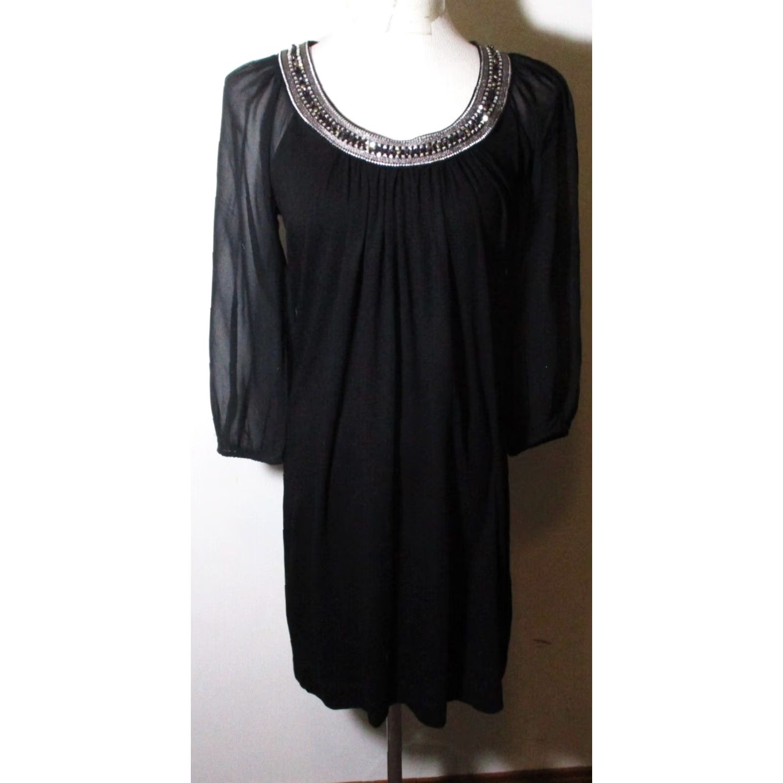 White House Black Market WHITE House BLACK Market Dress Beaded Knee Length S NWT Black 3/4 Sleeve Casual Womens Vintage: No Size S / US 4 / IT 40 - 2 Thumbnail