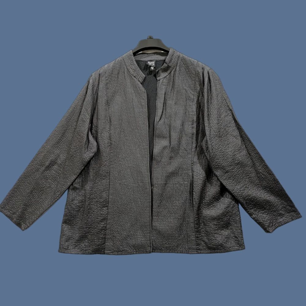 Eileen Fisher VINTAGE Eileen Fisher Jacket Womens 1X Tussah Silk Textured Mandarin Collar Open Black Size XL / US 12-14 / IT 48-50 - 1 Thumbnail