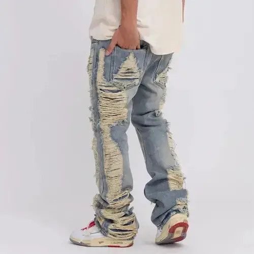 Japanese Brand Ripped Frayed Hole Blue Washed Jeans Size US 32 / EU 48 - 3 Thumbnail