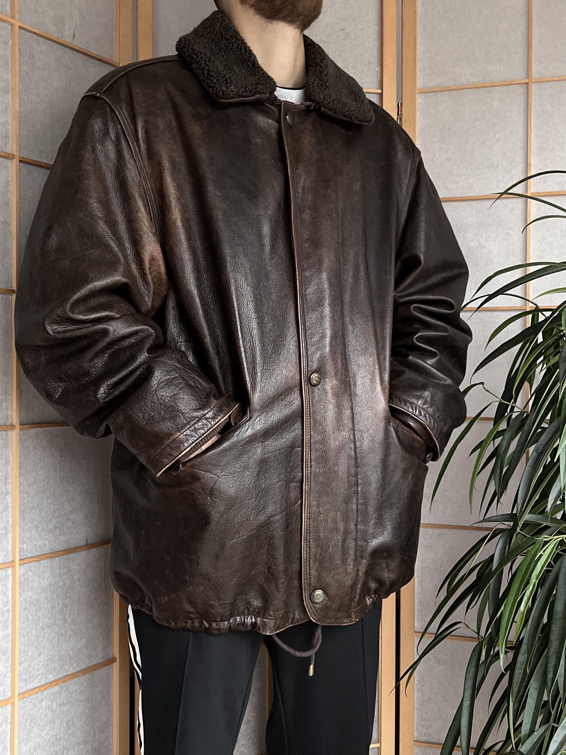 Other Crazy fit! VTG 90s Leather long hard coat jacket fur collar Size US XL / EU 56 / 4 - 9 Thumbnail