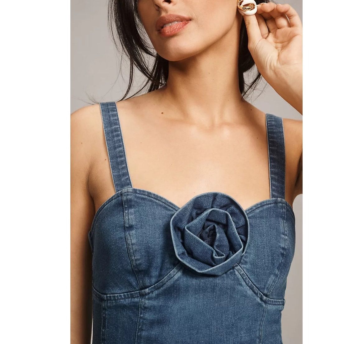 Anthropologie NWT Porridge Rosette Denim Slim Mini Dress $158 XXS Blue Size XXS / US 00 / IT 34 - 2 Thumbnail