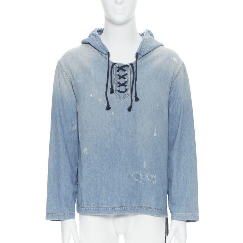 Saint Laurent Paris SAINT LAURENT 2018 distressed destroyed denim lace up hoodie pullover S Size US S / EU 44-46 / 1 - 1 Thumbnail