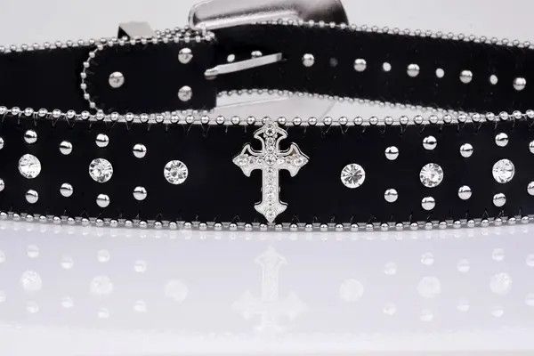 VIBE Black Cross Rivet Belt Engraved Buckle Rhinestone Size ONE SIZE - 8 Thumbnail