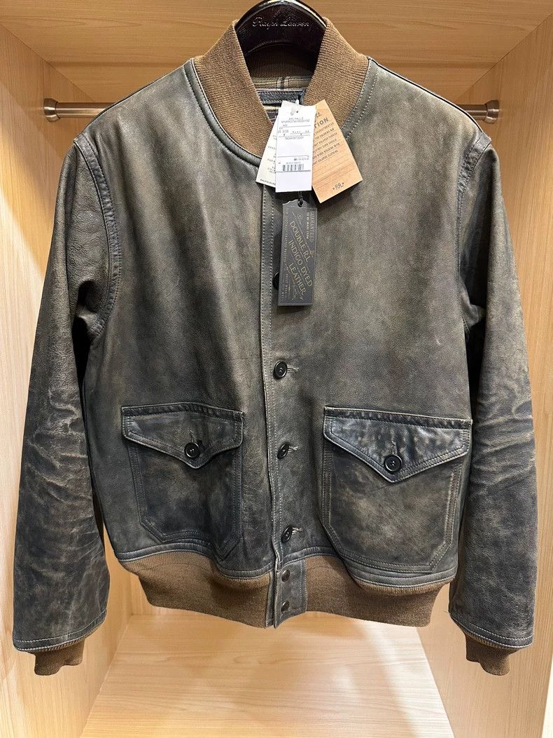RRL Ralph Lauren RRL Indigo Dyed Leather Sleeve Baseball Jacket