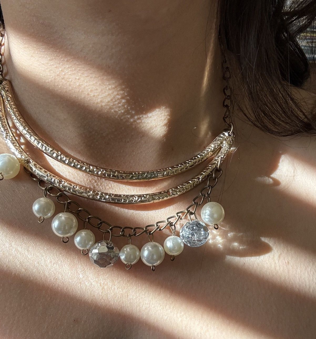 Vintage Y2K bib bar pearl necklace metal glam Size ONE SIZE - 1 Thumbnail