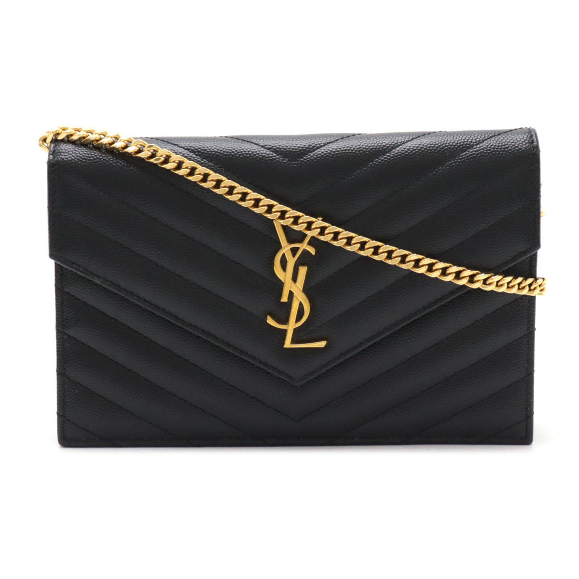 YVES Saint Laurent Paris YSL Monogram Envelope Shoulder Bag Chain Wallet Clutch Black 393953, Women's