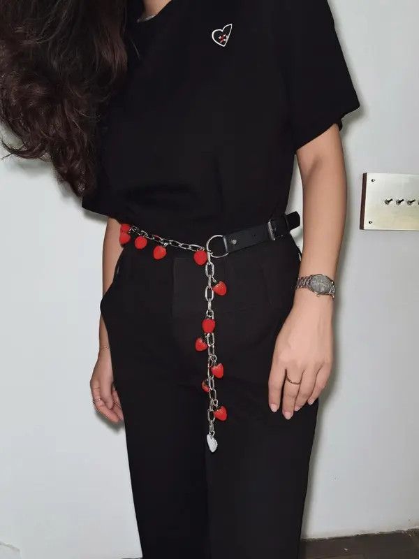Jewelry Black Chain Belt with Red Pom Pom Charms, Fashion Accessory Size ONE SIZE - 1 Thumbnail