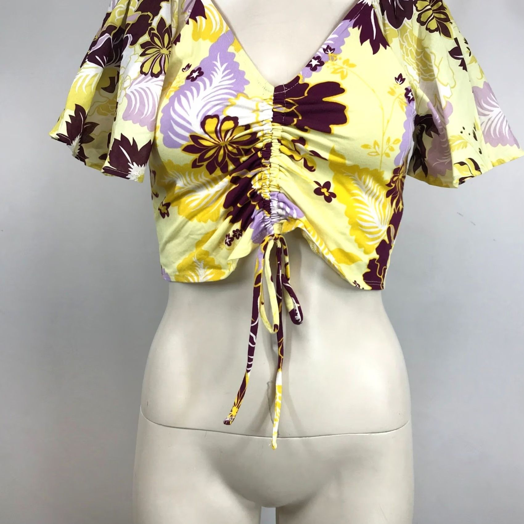 Anthropologie Maeve Anthropologie Yellow Floral Ruched Drawstring Crop Top PXS Adult Womens Size XS / US 0-2 / IT 36-38 - 3 Thumbnail