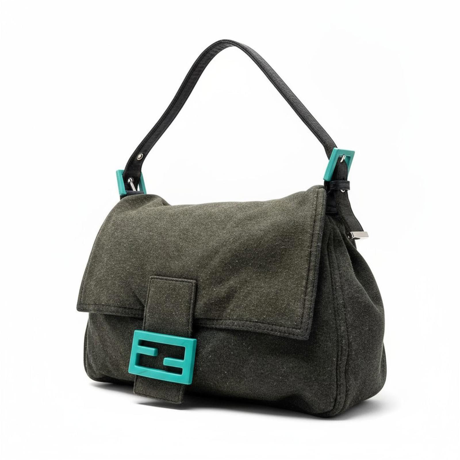 Fendi - Green Fabric Baguette Bag Turquoise Buckle