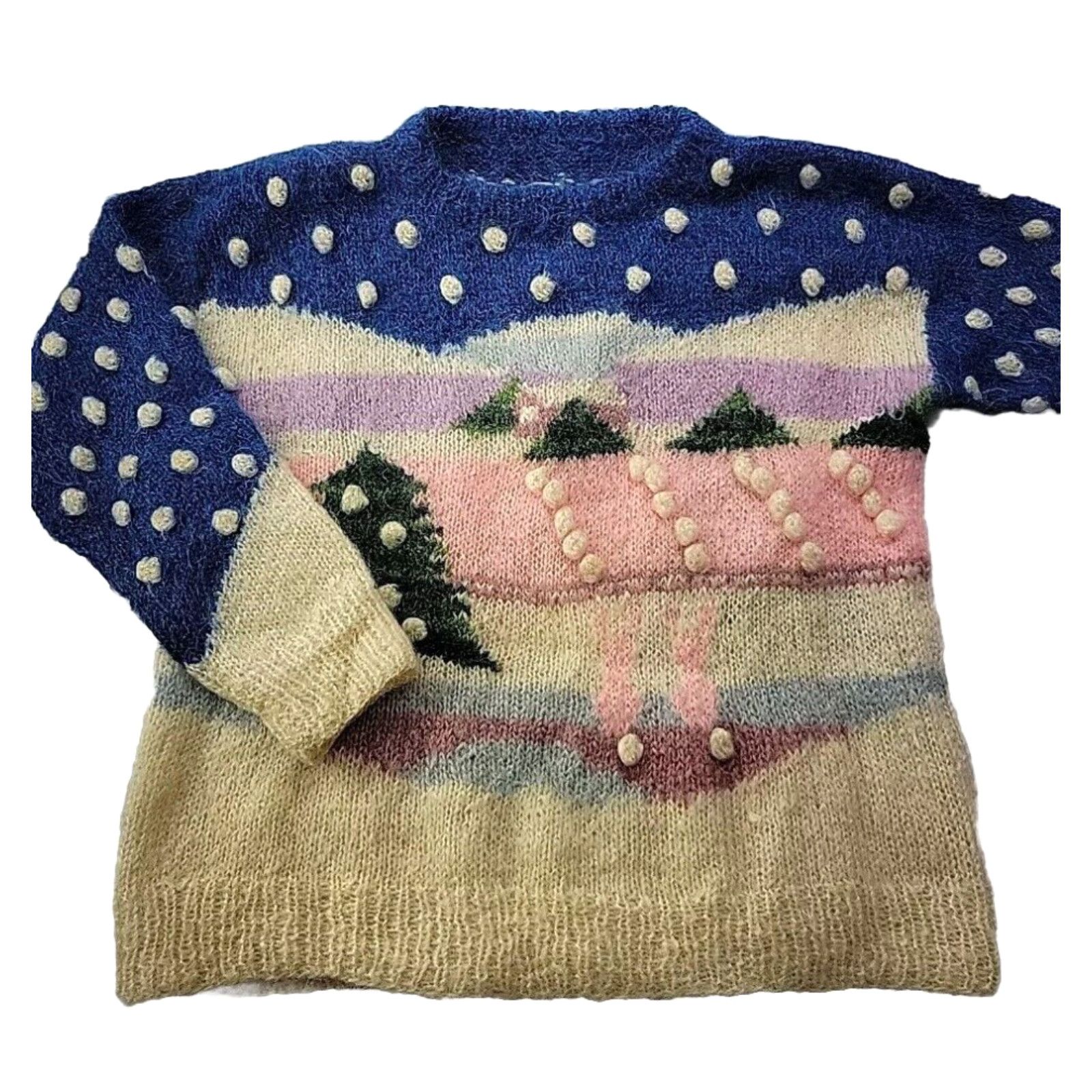 image of Vintage Susie Lee M/l Mohair Knit Sweater Snow Bunny Landscape Faded Stains in White, Women's (Size
