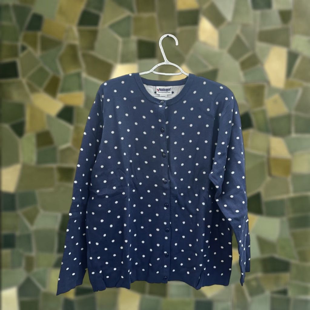 Vintage National Womens Sweater 1X Navy Polka Dotted Long Sleeve Button Up Cardigan Size XL / US 12-14 / IT 48-50 - 1 Thumbnail