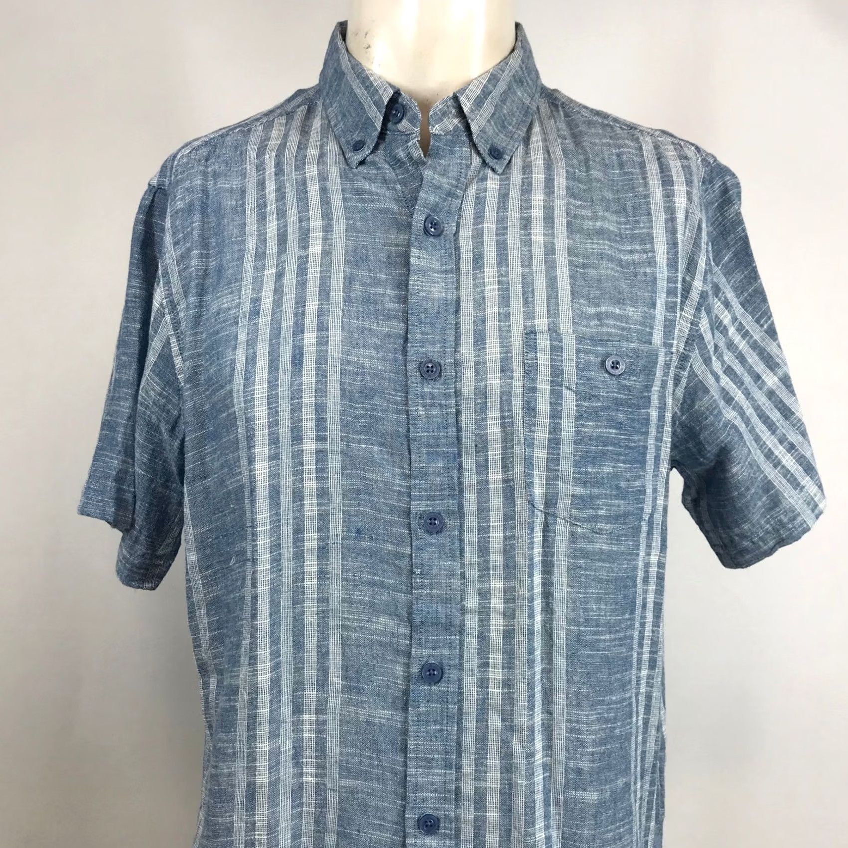Weatherproof Weatherproof Vintage Shirt, Striped, Linen Blend, Short Sleeve, Button-Down, Blue White, Men, M Size US M / EU 48-50 / 2 - 2 Thumbnail