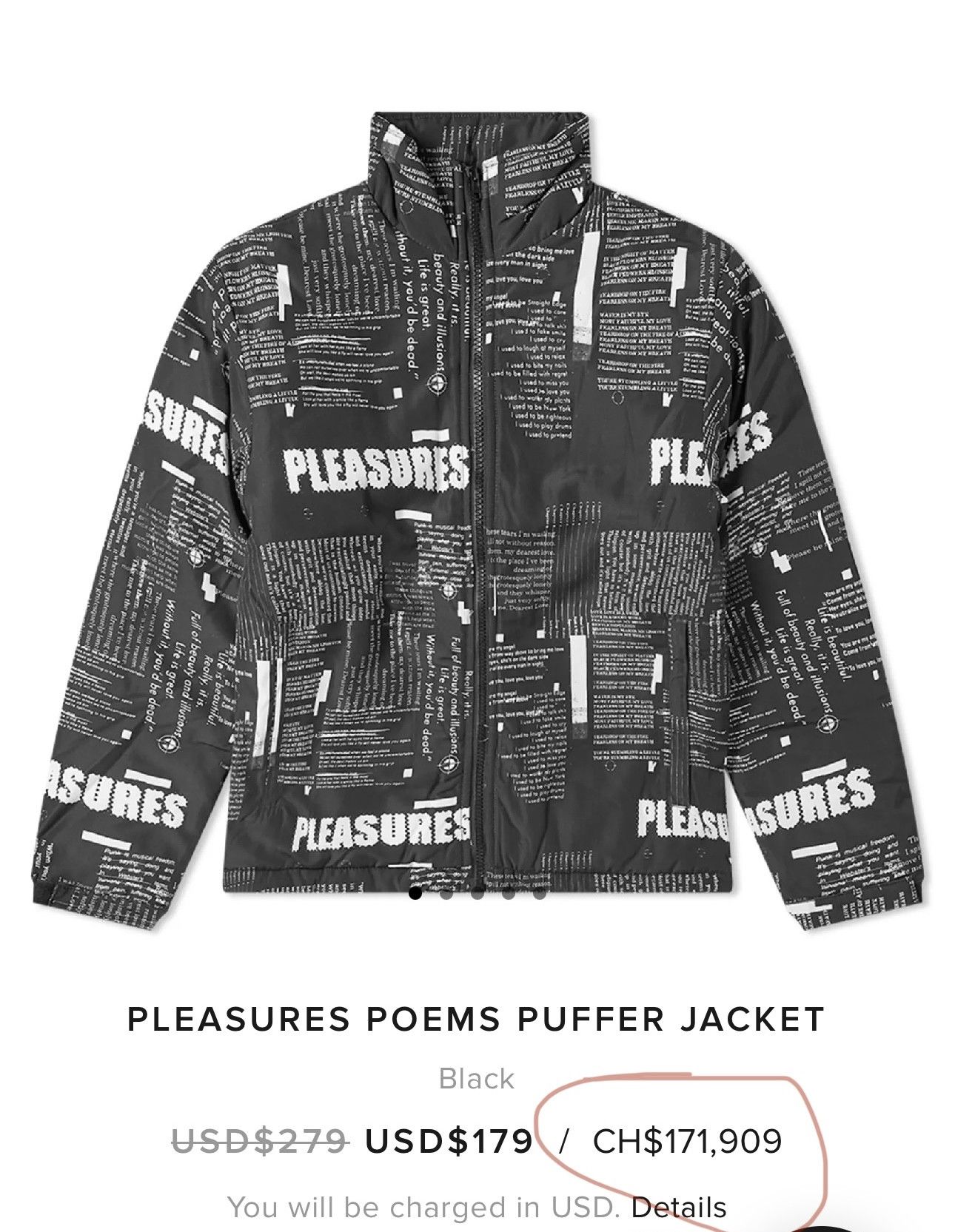 image of Pleasures Poems Puffer Jacket in Black, Men's (Size XL)