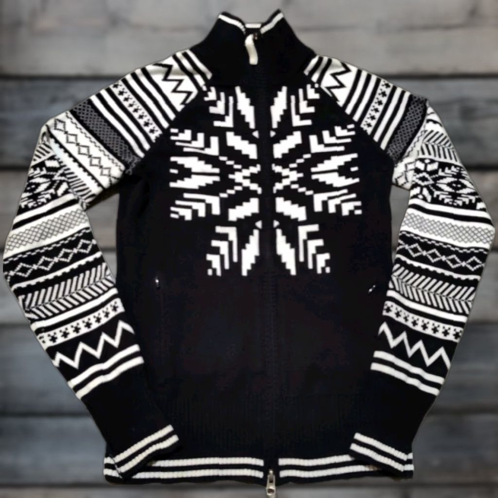 Athleta Full Zip Mock Neck Sweater Holiday Knit Jacket Women’s S White Black EUC