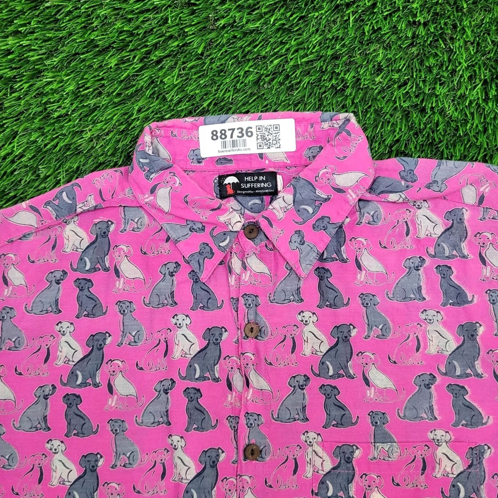 Pinko VINTAGE 90s Dog AOP Button Shirt Medium Pink Mens Shirt 40 in Chest 28 in Long Sleeve Short Sleeve Collared Button Up All Over Print Graphic Print Dog Size US M / EU 48-50 / 2 - 2 Thumbnail