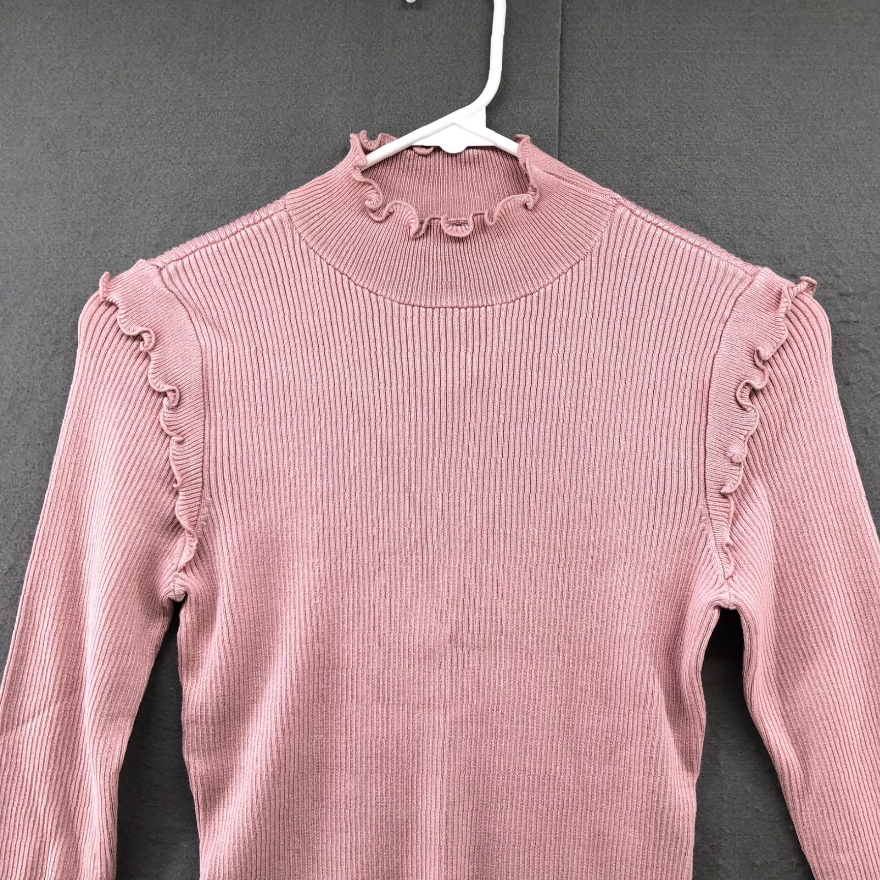 Vintage Hooked Up by IOT Sweater Womens M Pink Mock Neck Ribbed Fitted Ruffle Pullover Knit Stretch NWT Solid Size M / US 6-8 / IT 42-44 - 3 Thumbnail