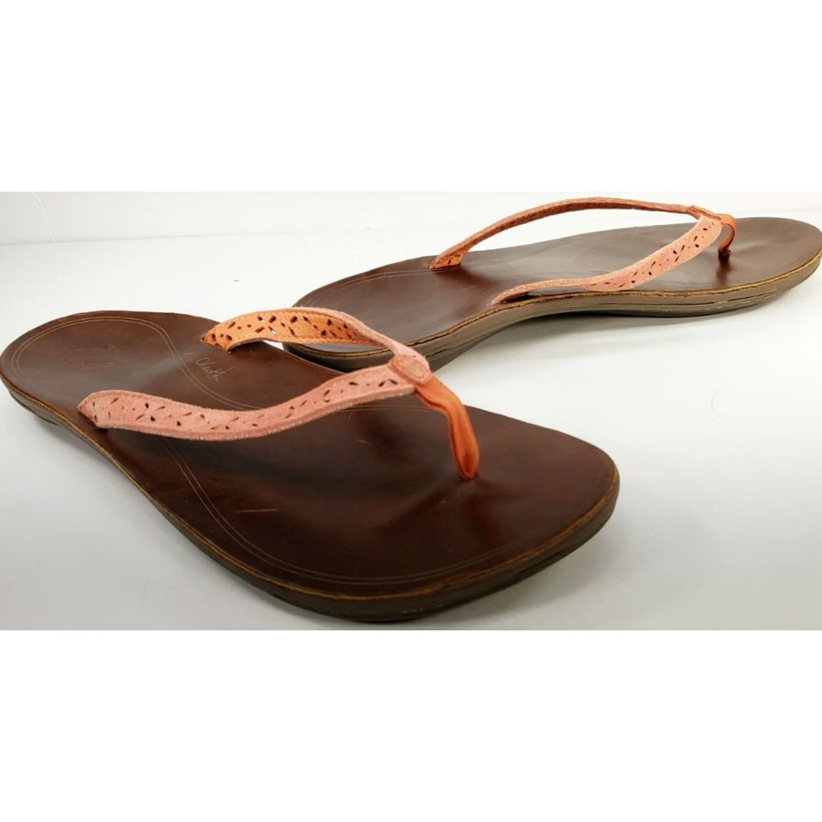 Olukai OluKai Puka Flip Flops Sandals Womens Size 9 Coral Perforated Straps Leather Slip On Flat Satin? Size US 9 / IT 39 - 7 Thumbnail