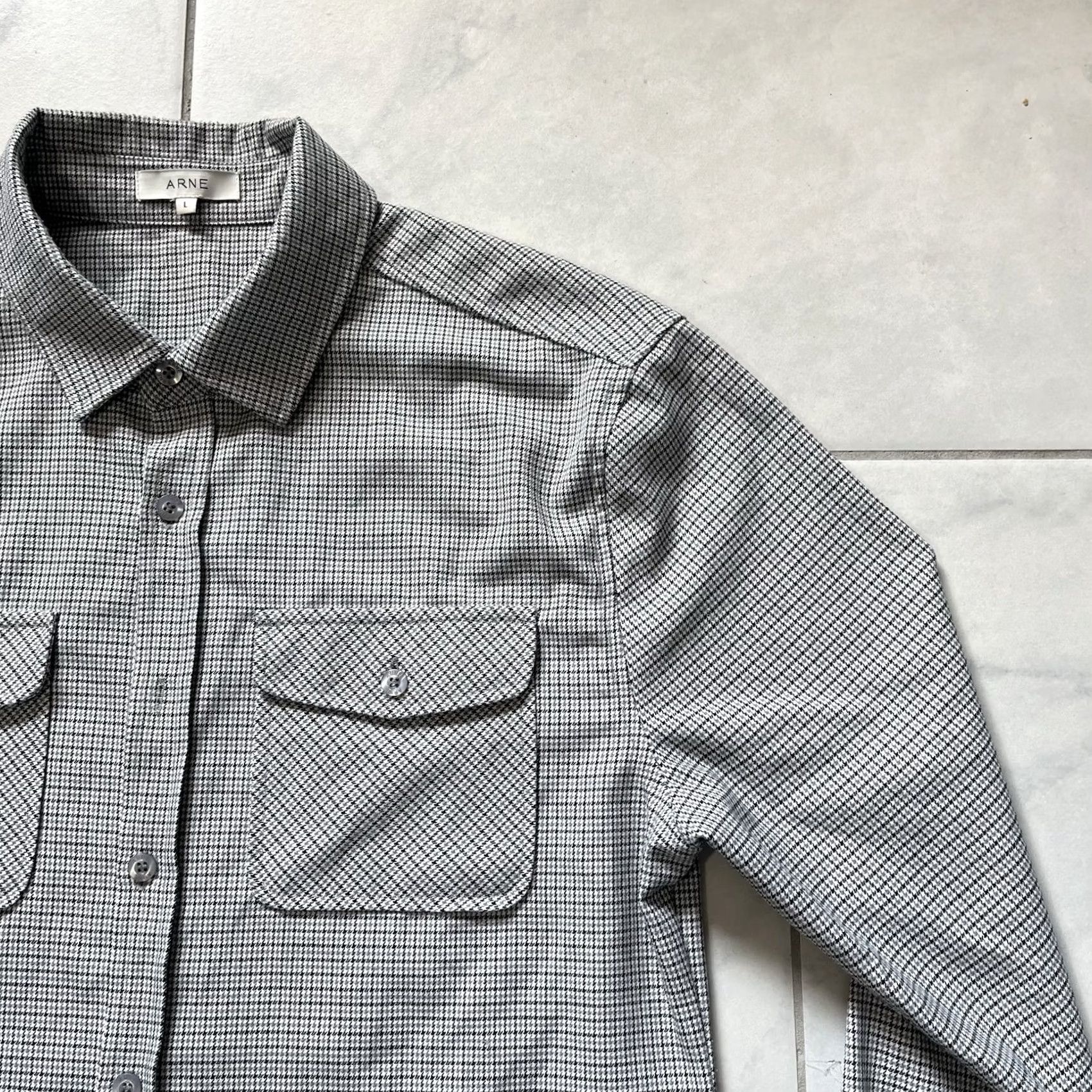 Vintage ARNE Shirt Large Black Gray Mens Button Up Herringbone Stretch Fit Modern Preppy Boy? Size US L / EU 52-54 / 3 - 3 Thumbnail