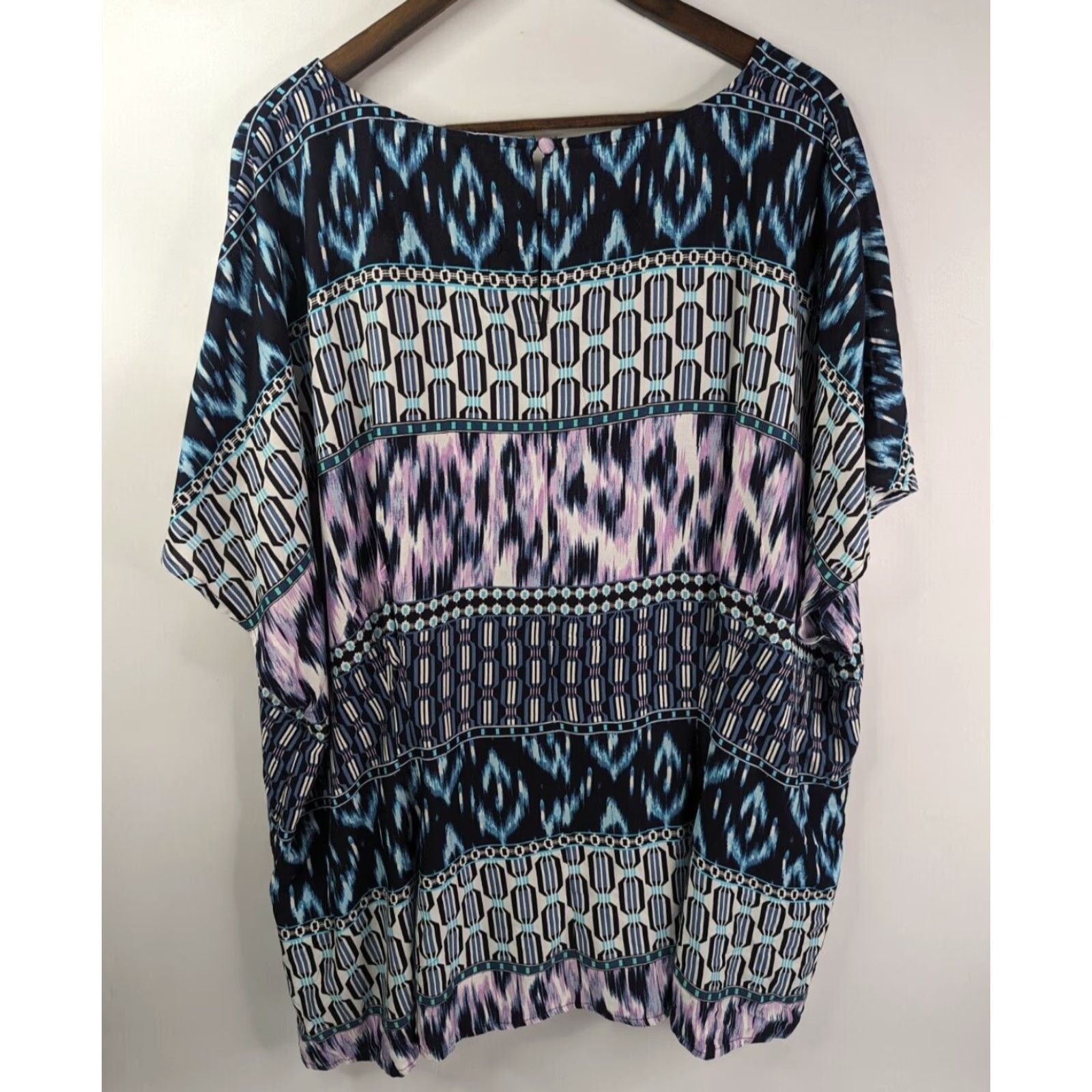 Vintage Lane Bryant Blouse Shirt Short Sleeve Crew Neck Geometric Lace Fit & Flare Size 24 Plus Blue Women Size 4XL / US 24-26 - 3 Thumbnail