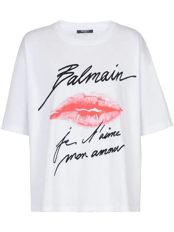 Balmain o1s1wg111225 Kiss-Print T-Shirt in White Size L / US 10 / IT 46 - 1 Thumbnail