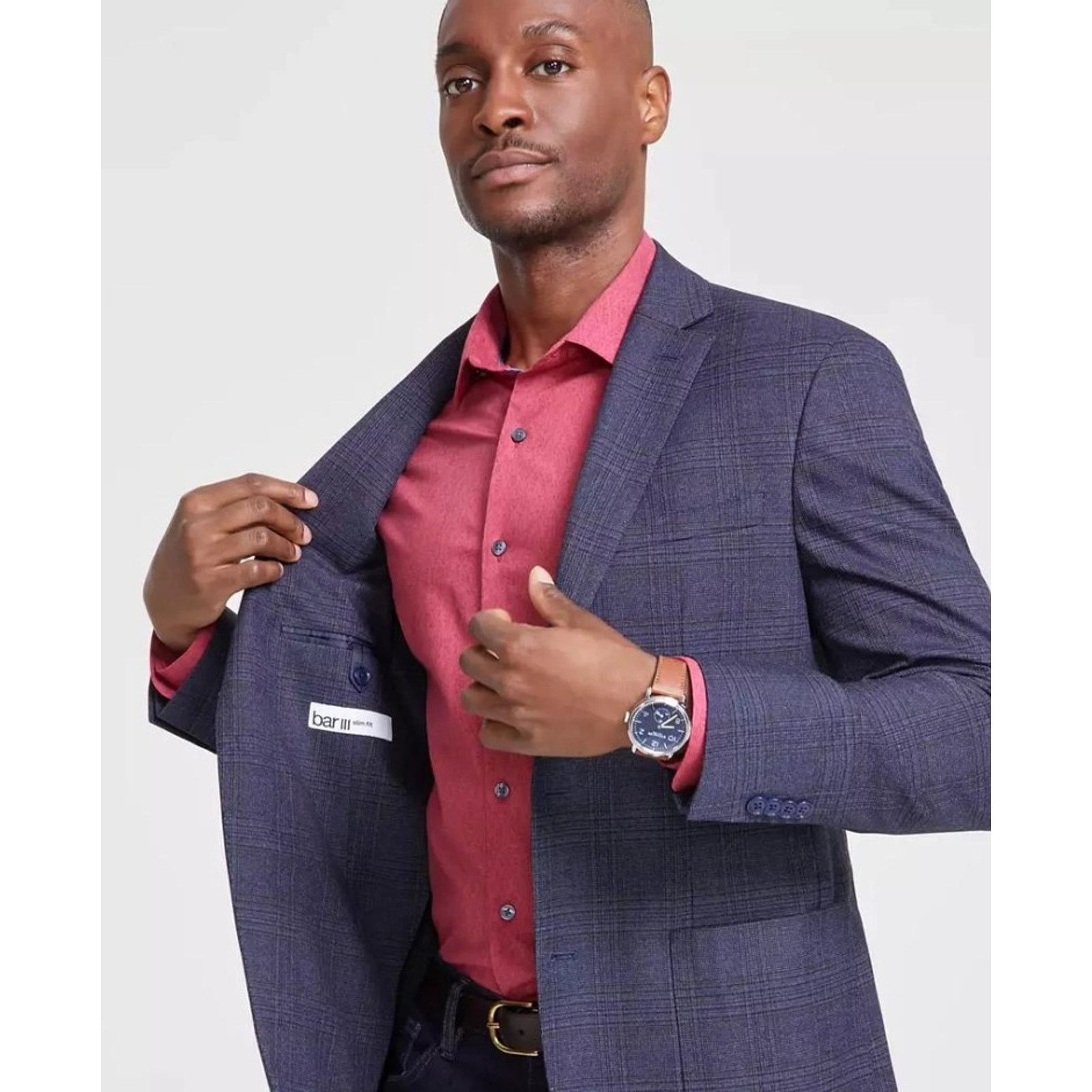 Bar III Men's Blue/Tan Plaid Slim Suit Sport Coat Size 36S