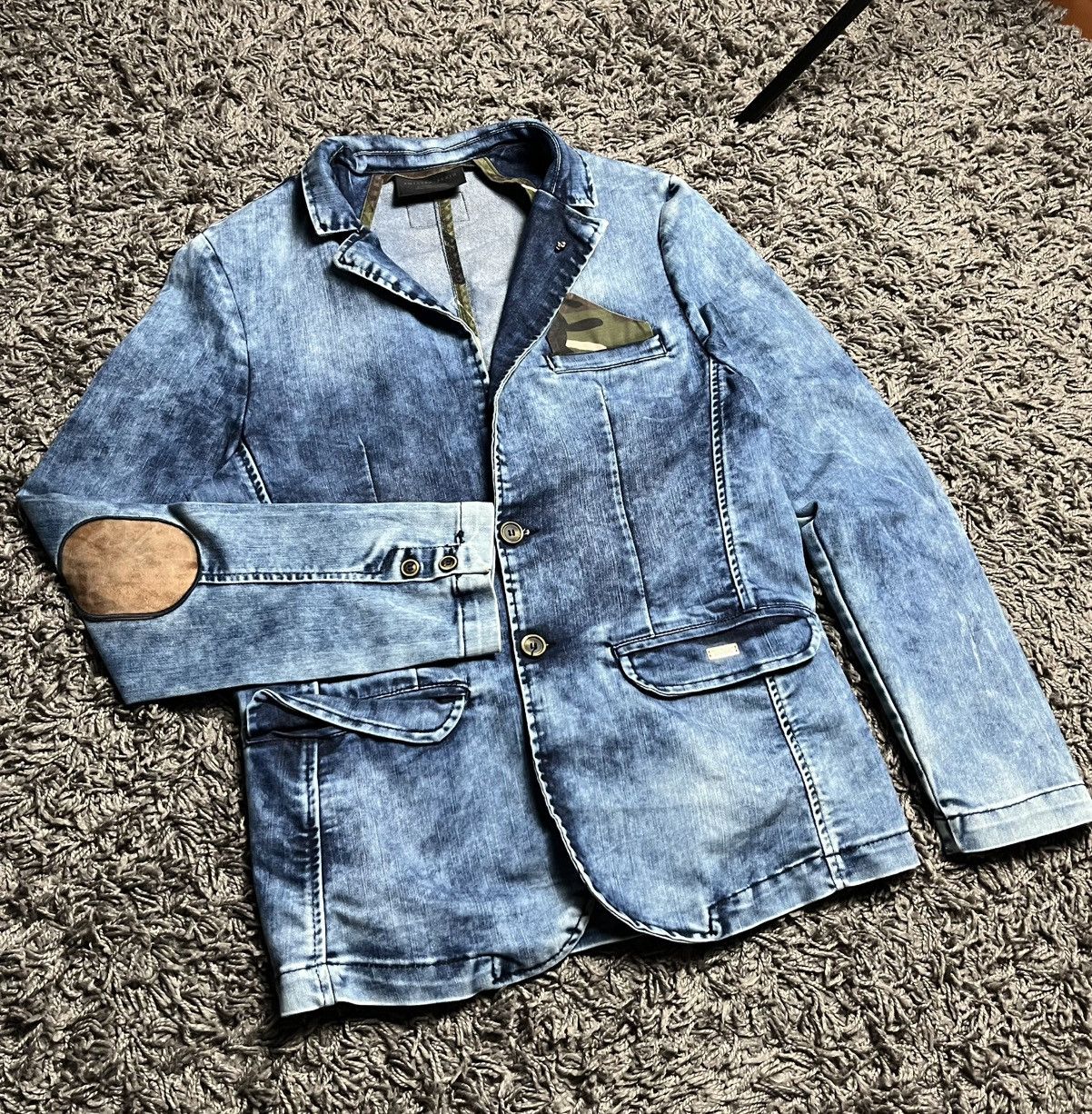 Philipp Plein Philipp Plein Distressed Denim Blazer with Camo Details Size 44S - 1 Thumbnail